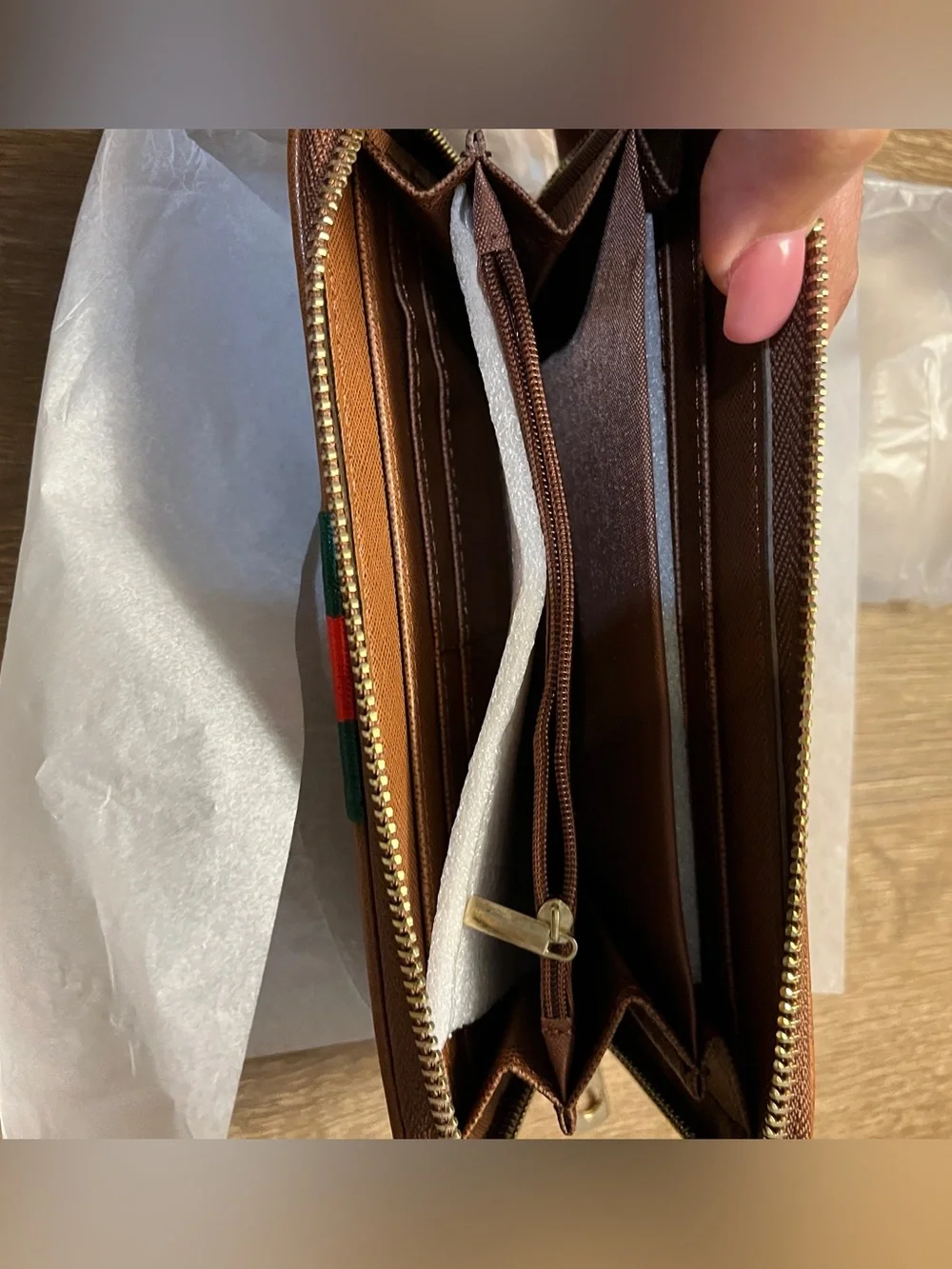 Brown Leather Zip Around Wallet Green Red Racing Stripe NWT
